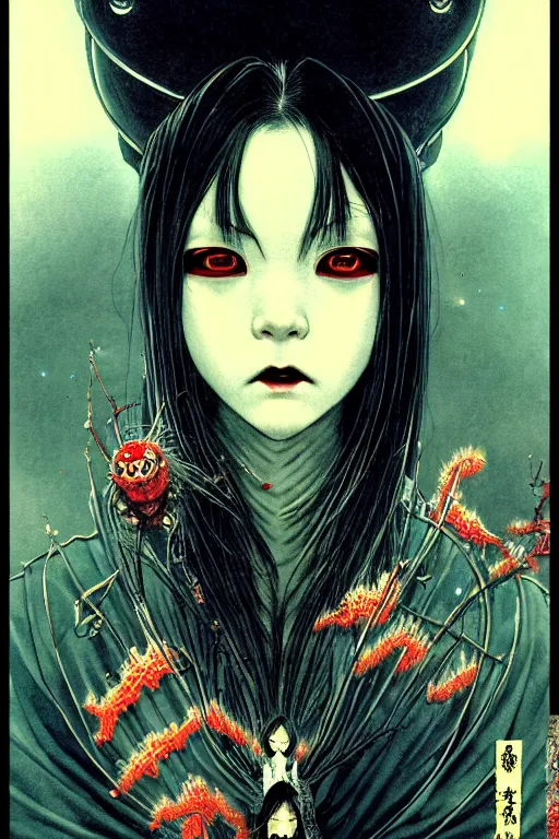 Image similar to japanese vampire girl, character portrait, portrait, close up, concept art, intricate details, highly detailed, eyes, yokai, blood, fangs, soft light, vintage sci - fi poster, in the style of chris foss, rodger dean, moebius, michael whelan, and gustave dore