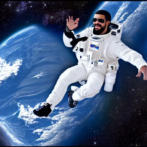 Image similar to drake floating in space, highly intricate, hyper realistic, 8 k