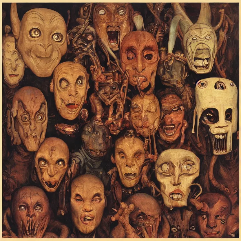 Image similar to portrait painting of a tribal alien masks, by norman rockwell. muted colors, soft gradients. baroque period, renaissance masterpiece. black background. trending on artstation. retrofuturism.