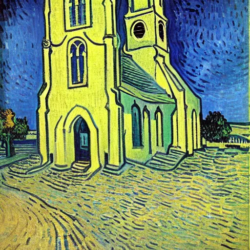 Image similar to a church bell on the ground in front of a church, by Vincent van Gogh