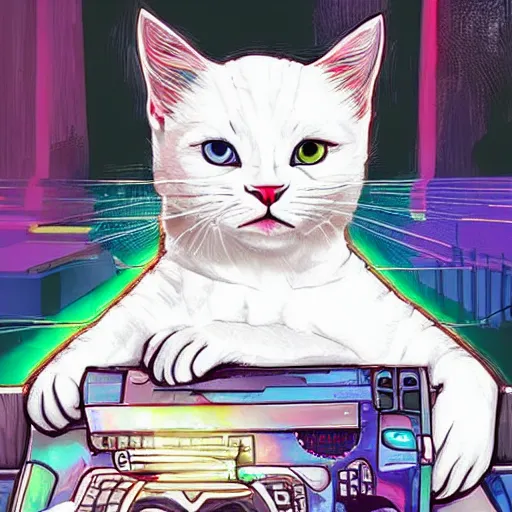 Image similar to a cute white cat art, epic cyberpunk art