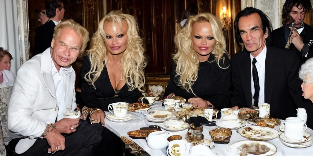 Prompt: pamela anderson and tommy lee having tea with the queen of england 4 k