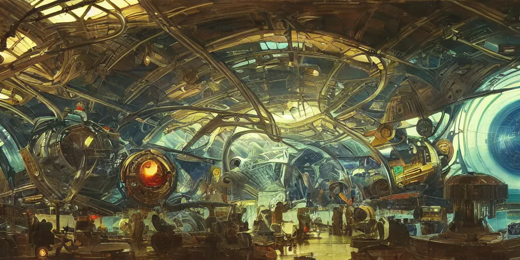 Image similar to wide shot, interior of an alien spaceship, futuristic, hyperrealism, heavy machinery, humanoids working, neon tubes crepuscular rays, ray tracing, by alphosne mucha adolf hiremy hirschl