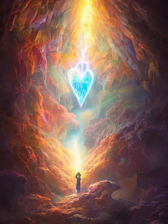 Prompt: a ultradetailed beautiful concept art of the crystal formation of the prismatic heart being absorbing the wonderful colors of the emotion around it in a forgotten cave full of beautiful crystal, concept art, high resolution 4 k, by tom bagshaw, greg rutkowski, charli bowater and artgeem