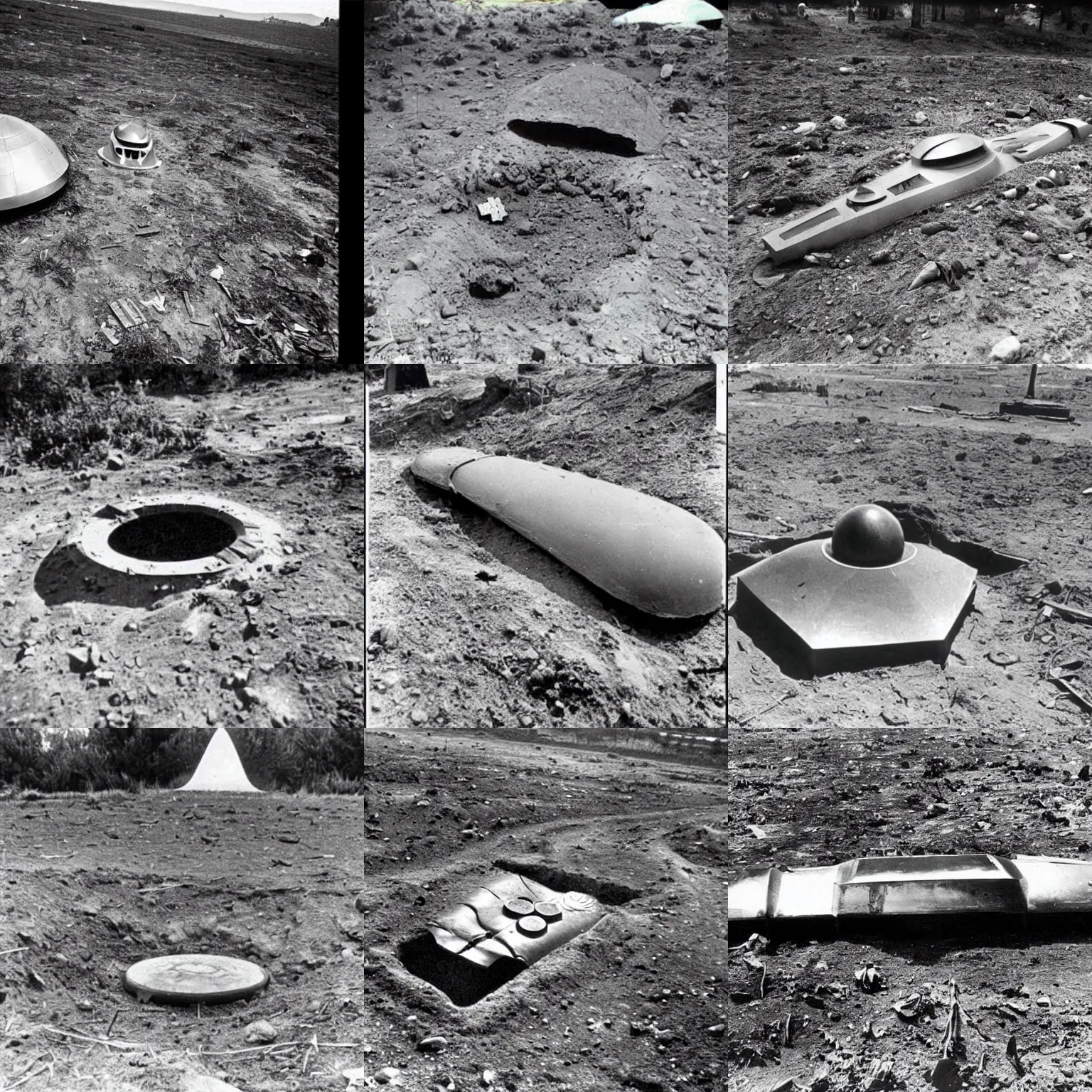 Prompt: 1960s photographic evidence of remains of an alien spaceship buried in the ground