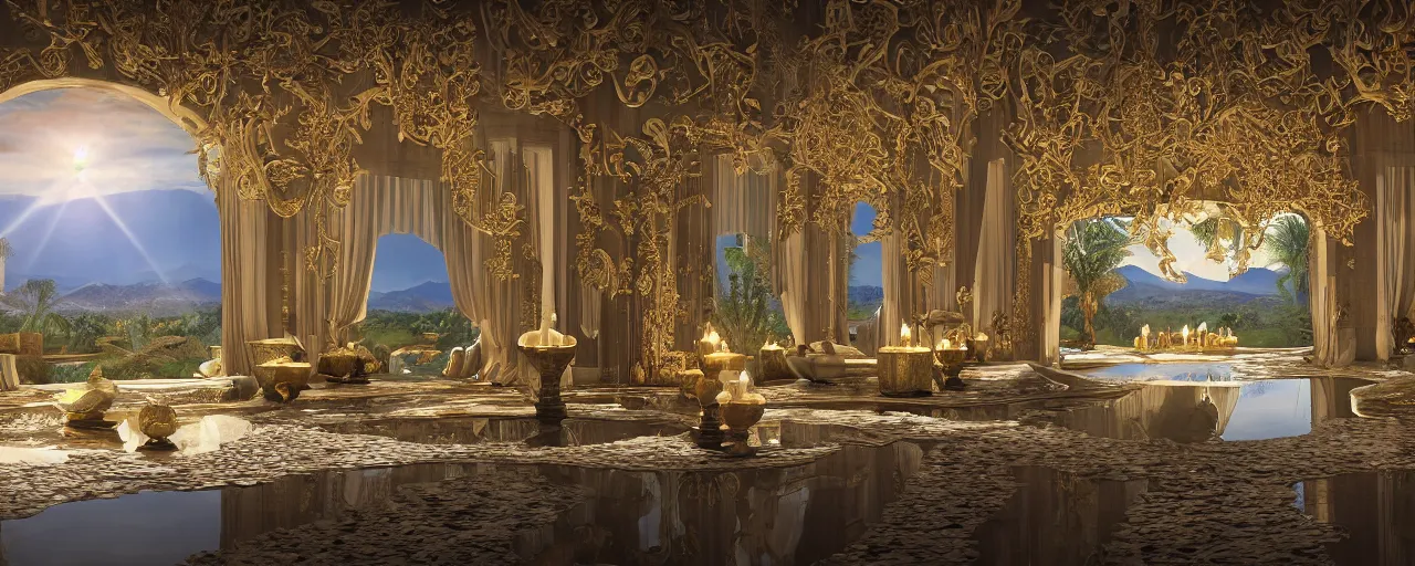 Image similar to surreal hyper luxury spa with intricate golden details with view to arid mountains and palm forest, god rays, candles, ultra detailed, photorealism, sharp focus, volumetric light, global illumination