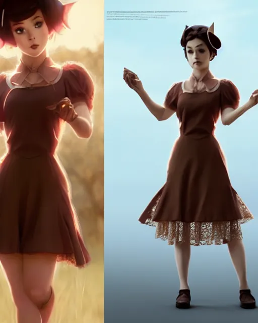 Image similar to photo of eevee pokemon humanisation, in lace brown dress, film still, dslr, by greg rutkowski, gil elvgren, enoch bolles, ross tran, artgerm, wlop, glossy skin, pearlescent, very coherent