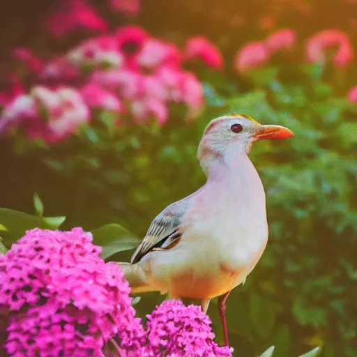 Prompt: A photo of a bird in the middle of a garden, 8K concept art, dreamy, garden, bushes, flowers, golden hour, vintage camera, detailed, UHD realistic faces, award winning photography, cinematic lighting