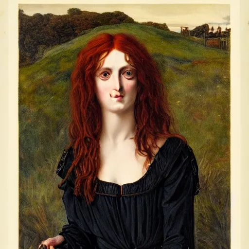Prompt: A striking Pre-Raphaelite witch with intense eyes and ginger hair