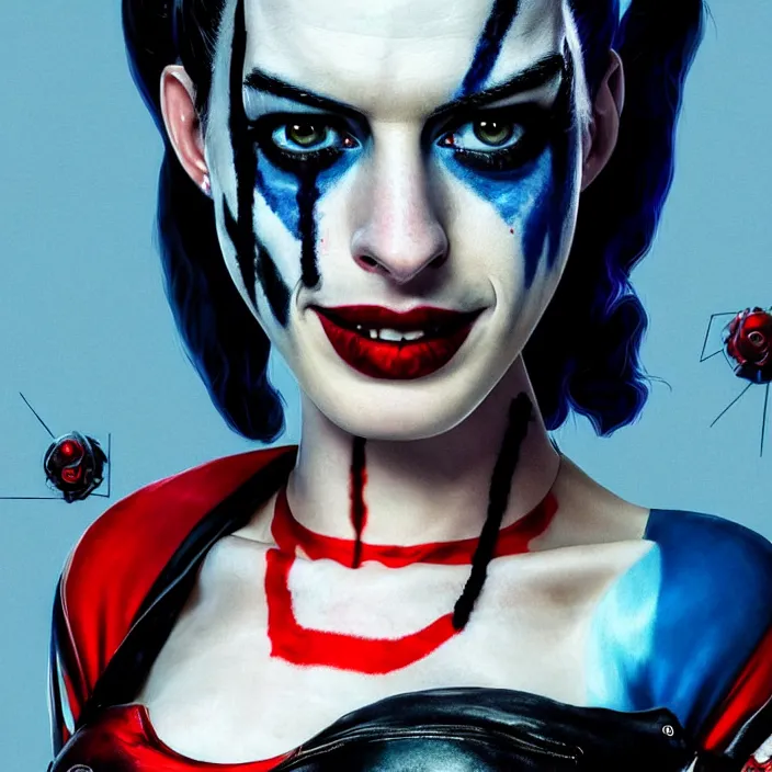 Image similar to portrait of Anne Hathaway as a harley quinn in Suicide Squad. intricate abstract. intricate artwork. by Tooth Wu, wlop, beeple, dan mumford. octane render, trending on artstation, greg rutkowski very coherent symmetrical artwork. cinematic, hyper realism, high detail, octane render, 8k, iridescent accents