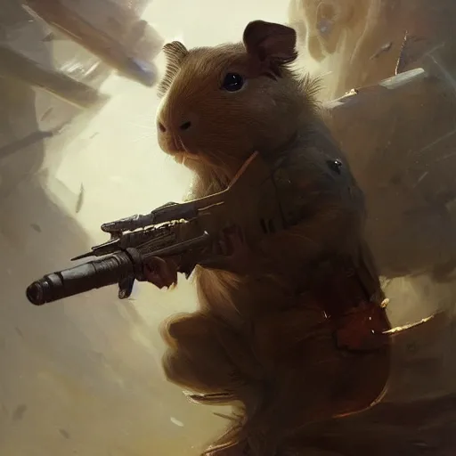 Image similar to Adorable Guinea Pig holding a frivolous weapon of war, illustrated by Greg Rutkowski and Gaston Bussiere, serious lighting, dramatic amtosphere, war-art style, photorealistic imagery, trending on artstation, 4k, 8k