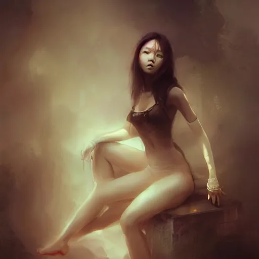Prompt: Lee Jin-Eun by Bastien Lecouffe-Deharme, rule of thirds, seductive look, beautiful,