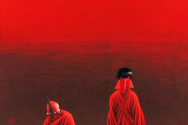 Image similar to only with red, a red samurai, tokio in background, some evil yokai, in the style of beksinski, parts by edward hopper, parts by rodcenko, parts by yue minjun, intricate and epic composition, red by caravaggio, insanely quality, highly detailed, masterpiece, red light, artstation, 4 k