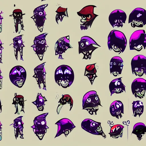 Image similar to official character sheets for a new laid back vampire squid character, artwork in the style of splatoon from nintendo, art by tim schafer from double fine studios, edgy original character color palette from the early two thousands, black light, neon, spray paint, punk, tall thin frame, adult character, fully clothed, colorful