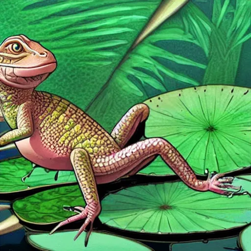 Prompt: a lizard sitting smiling on a water lily in a jungle. style of black clover