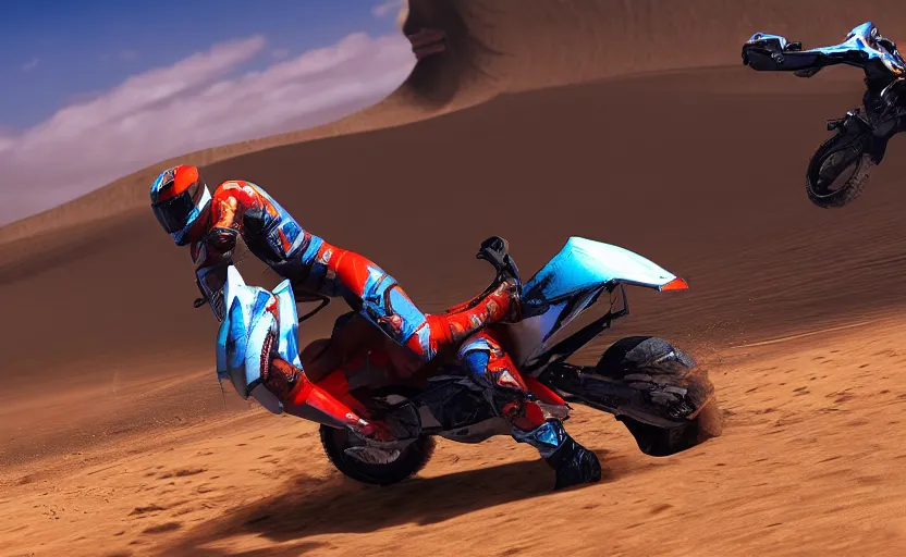 Image similar to prototype, futuristic dakar motorbike, dakar race, wipeout fusion style, sand in background, symmetrical mechanical features, off - road tires, designed by professional, smooth curvatures, brushed red and blue paint, hard surfaces modelling, dramatic lighting, hyper realistic rendering, depth of field, bokeh effect, 4 k