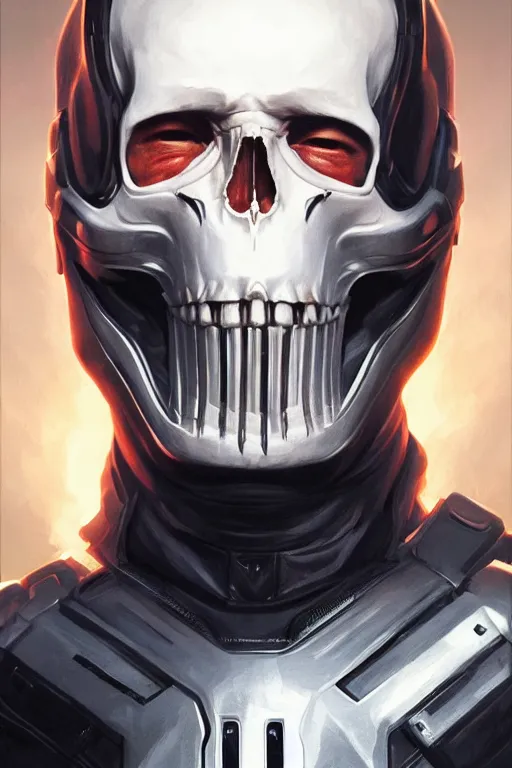 Image similar to elon musk as punisher, realistic portrait, skull on vest, highly detailed, digital painting, artstation, concept art, smooth, sharp focus, illustration, cinematic lighting, art by artgerm and greg rutkowski and alphonse mucha