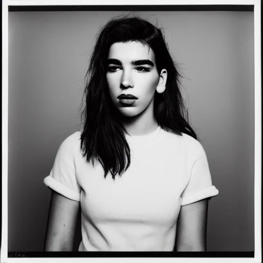 Prompt: photo of Dua Lipa by Diane Arbus, black and white, high contrast, Rolleiflex, 55mm f/4 lens