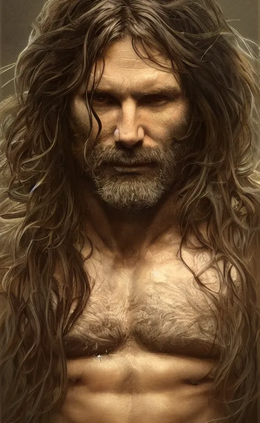 Image similar to portrait of the god of the forest, 40 years old, long hair, rugged, male, gorgeous, detailed face, amazing, exposed thighs!!!!!!, muscular, intricate, highly detailed, digital painting, artstation, concept art, sharp focus, illustration, art by greg rutkowski and alphonse mucha