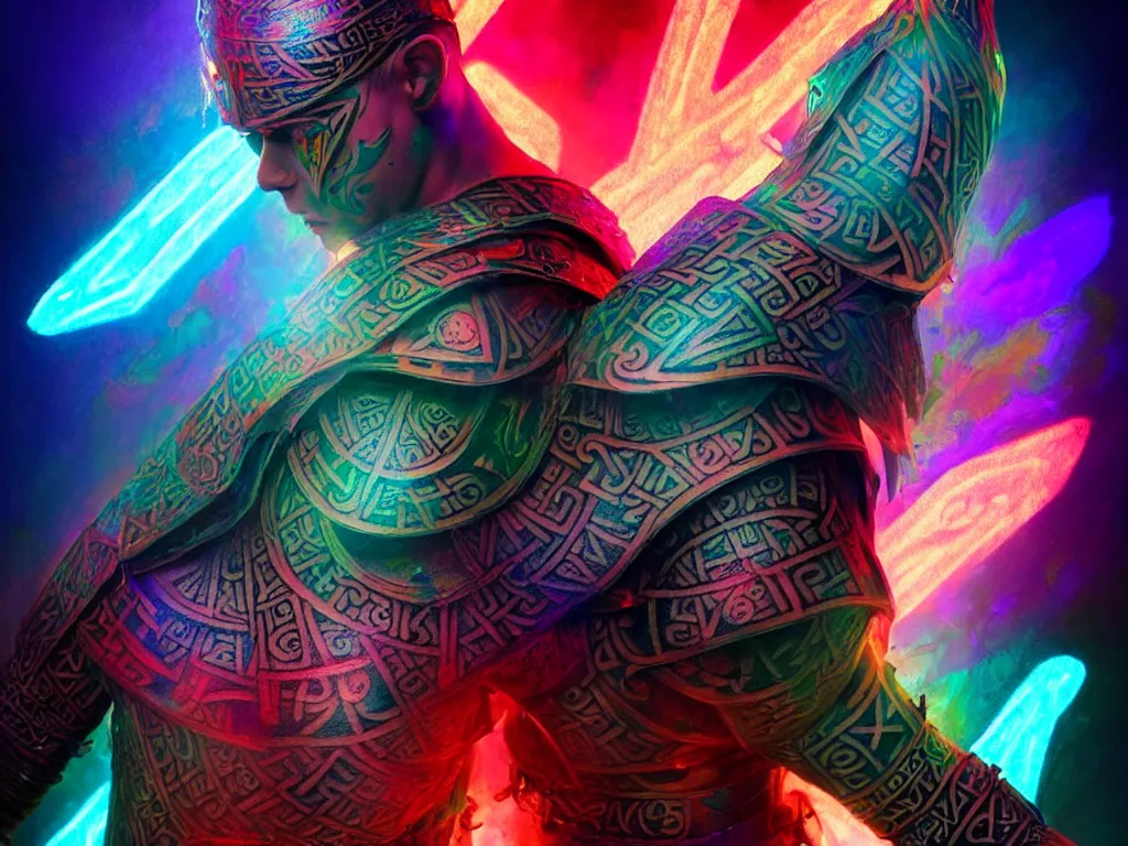 Prompt: board with runic tattoos designs for an armour glowing , colorful ideas, vibrant hipersaturated satin HDR 4K Dolby Vision, digital art by Ruan Jia , Moebious, Craig Mullin, and Nick Knight