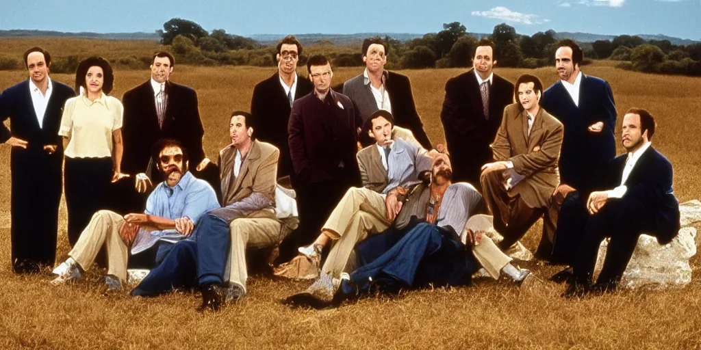 Prompt: the cast of seinfeld in a wide open field, photograph by andrei tarkovsky