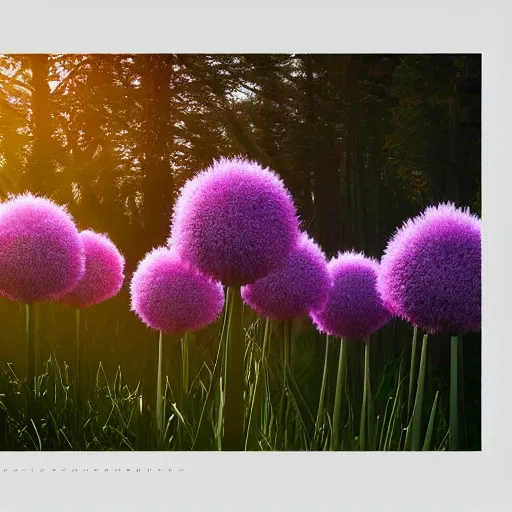 Prompt: allium flowers in a forest, golden hours, wilderness, cinematic lighting, trending on artstation