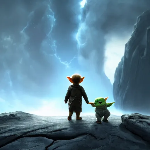 Image similar to babyyoda ( 2 0 2 1 ) is walking to a spaceship. he is walking next to babygroot ( 2 0 1 7 ). they are friends. photorealistic, digital art, epic fantasy, dramatic lighting, cinematic, extremely high detail, cinematic lighting, trending, artstation, cgsociety, 3 d ue 5, 4 k, hq