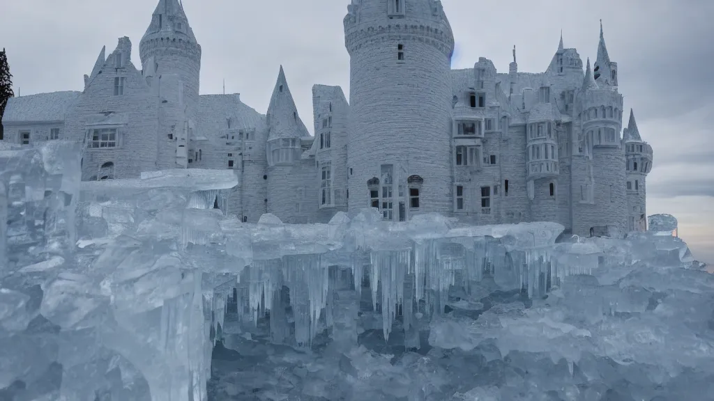 Prompt: open angle photo of a castle made of ice,