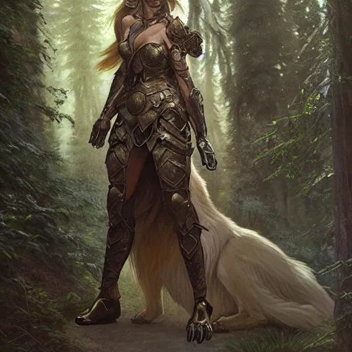 Image similar to long shot photo of a humanoid female she - wolf with wolf head were a heroic dress an armour in the forest, long hair, highly detailed, digital painting, artstation, smooth, sharp focus, illustration, art by artgerm and greg rutkowski and alphonse mucha