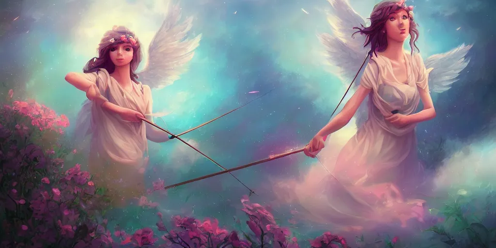 Prompt: An angel with beautiful face shooting luminous arrows with a bow on a country landscape covered with flowers, inspired by Daniela Uhlig and Cyril Rolando, trending on artstation, heavenly colors, volumetric lighting