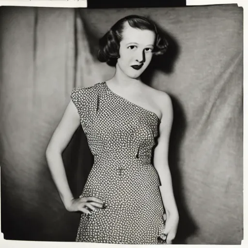 Image similar to a vintage 1 9 4 0 s photograph of a fashionable german pale skin, shoulder length hair lady posing in a photographer's studio. she is wearing a patterned dress with a sleeveless top in the fashion of the late 1 9 4 0 s.