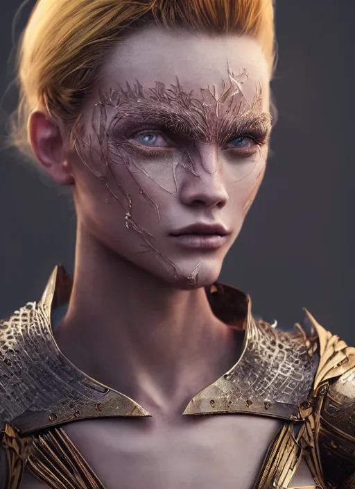 Prompt: portrait of model cara delevinge as a legendary knight warrior, au naturel, hyper detailed, digital art, trending in artstation, cinematic lighting, studio quality, smooth render, unreal engine 5 rendered, octane rendered, art style by klimt and nixeu and ian sprigger and wlop and krenz cushart.