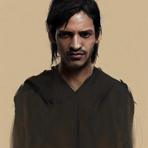 Image similar to Portrait of a man by Greg Rutkowski, he is about 30 years old, indian, cybernetic eyes implants, messy long black hair, slim and tall, he is wearing utilitarian beige black jumpsuit, highly detailed portrait, digital painting, artstation, concept art, smooth, sharp foccus ilustration, Artstation HQ.