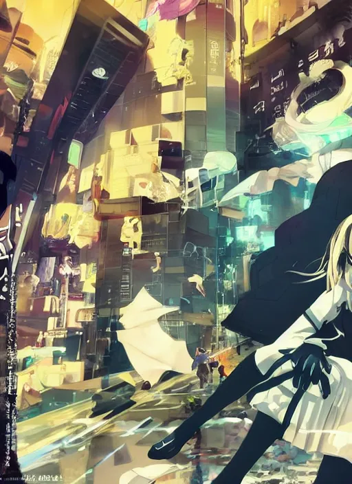 Image similar to JRPG game poster, luxury advertisement, yellow filter. Clean and detailed post-cyberpunk sci-fi close-up schoolgirl in asian city in style of cytus and deemo, blue flame, relaxing, calm and mysterious vibes, by Tsutomu Nihei, by Yoshitoshi ABe, by Ilya Kuvshinov, by Greg Tocchini, nier:automata, set in half-life 2, Matrix, GITS, Blade Runner, Neotokyo Source, Syndicate(2012), dynamic composition, beautiful with eerie vibes, very inspirational, very stylish, with gradients, surrealistic, dystopia, postapocalyptic vibes, depth of field, mist, rich cinematic atmosphere, perfect digital art, mystical journey in strange world, beautiful dramatic dark moody tones and studio lighting, shadows, bastion game, arthouse