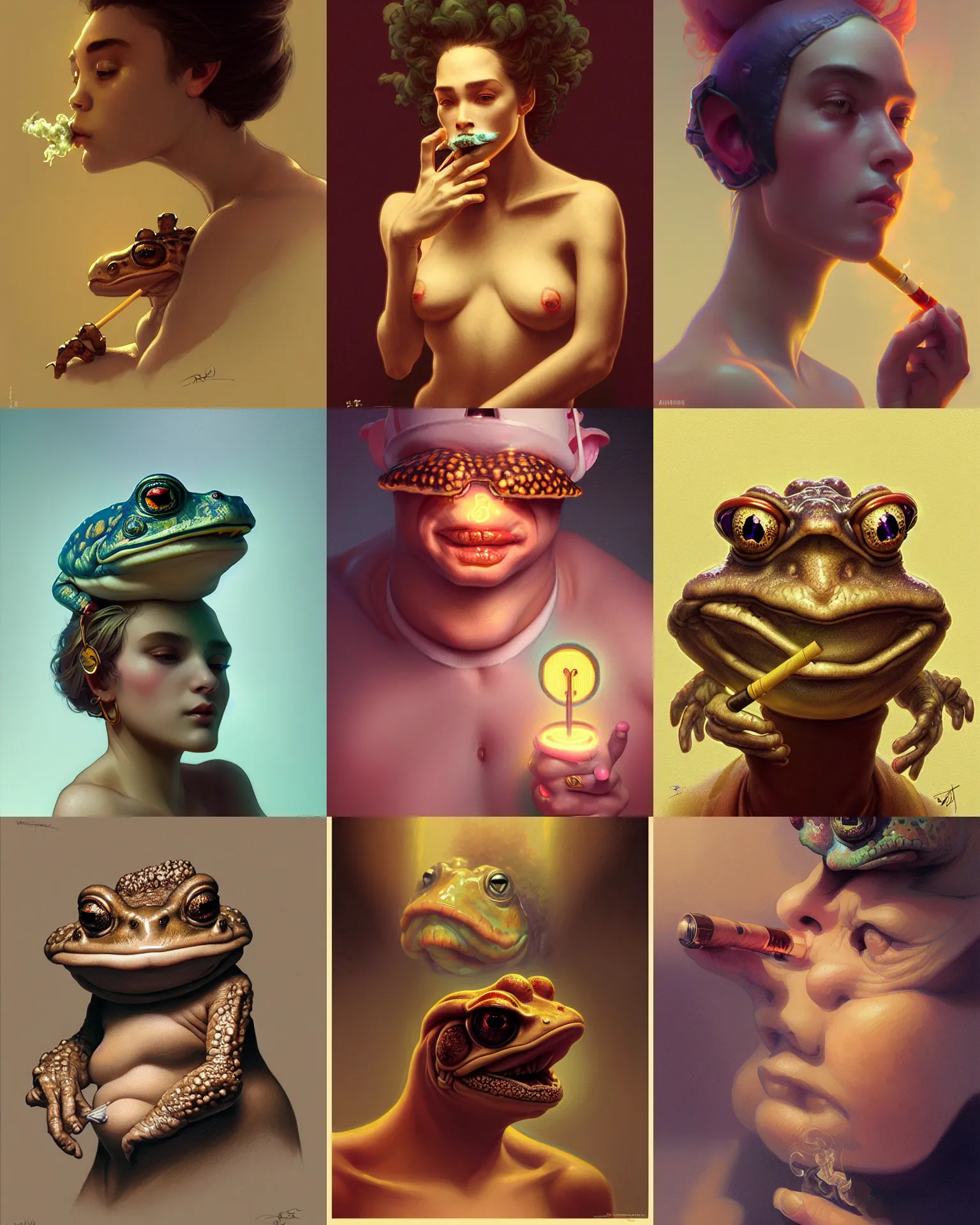 Prompt: close portrait humanoid toad smoking, vaporwave, bedroom, highly detailed, digital painting, artstation, concept art, smooth, sharp focus, illustration, art by artgerm and greg rutkowski and alphonse mucha