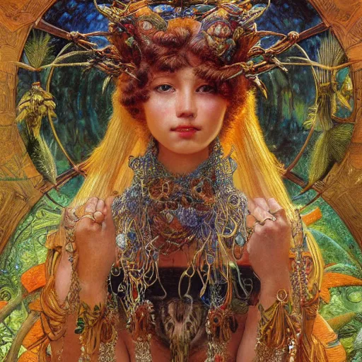 Prompt: highly detailed portrait of a mystical jungle dmt entity mecha, painting by gaston bussiere, craig mullins, j. c. leyendecker, lights, art by ernst haeckel, john william godward, hammershøi, alex grey, dmt, symmetric, masterpiece