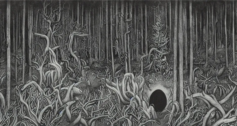 Prompt: A dense and dark enchanted forest with a swamp, by Charles Addams