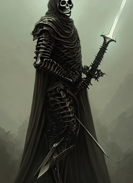 Image similar to portrait of a skeleton in a dark cloak holding a large translucent claymore sword made from the souls of the dead, intricate, elegant, highly detailed, digital painting, artstation, concept art, smooth, sharp focus, illustration, art by wlop, mars ravelo and greg rutkowski