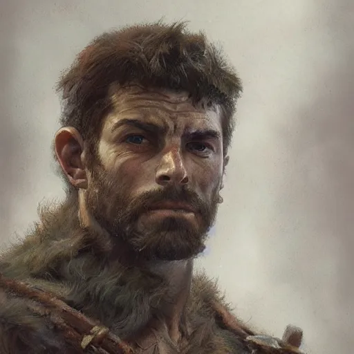Prompt: portrait of a young sad rugged ranger, muscular, upper body, hairy torso, D&D, fantasy, intricate, cinematic lighting, highly detailed, digital painting, artstation, concept art, smooth, sharp focus, illustration by Frank Frazetta, art by Francis Bacon and Greg Rutkowski and Alphonse Mucha
