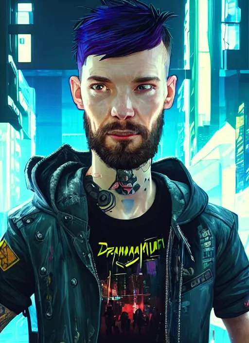 Image similar to portrait of DanTDM as a homeless character in Cyberpunk 2077, looking at camera, intricate, dystopian, sci-fi, extremely detailed, digital painting, artstation, concept art, smooth, sharp focus, illustration, intimidating lighting, incredible art by artgerm and greg rutkowski and alphonse mucha and simon stalenhag