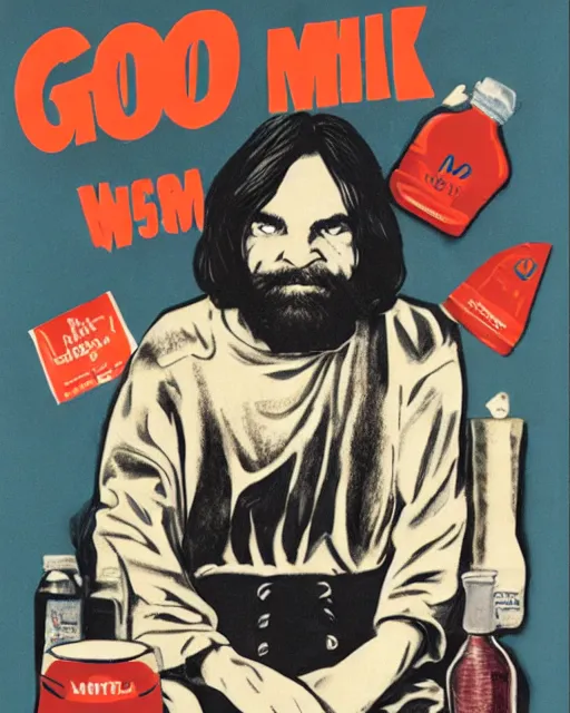 Image similar to a got milk poster featuring charles manson