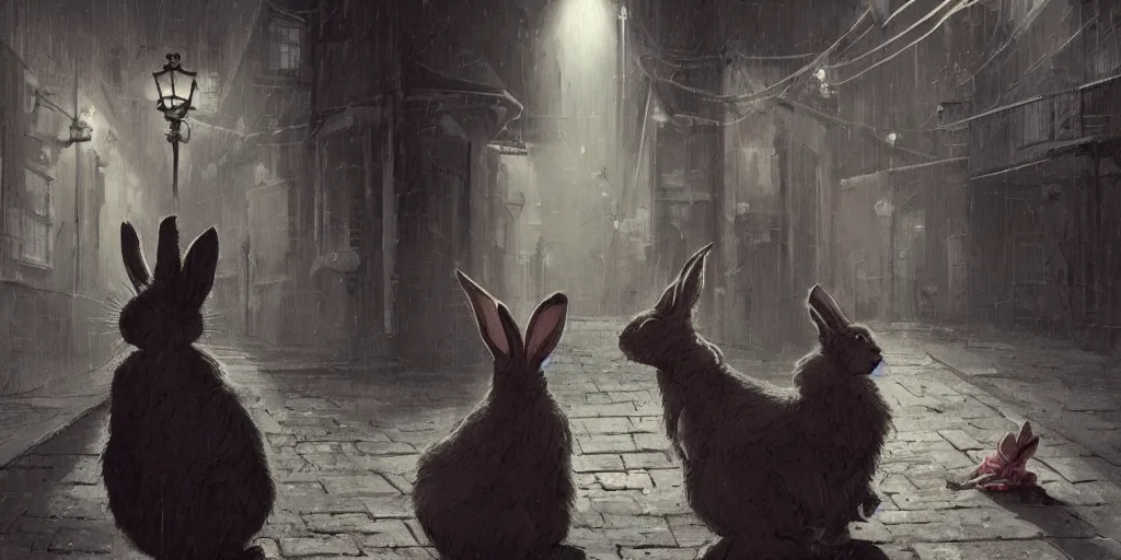 Prompt: rabbit wearing a tie is talking to a cat in a dark alley, warm color palette, night time, dramatic lighting, noir film, fine details, high contrast, blacksad, kim jung gi, greg rutkowski, trending on artstation, 8 k, front view, back view, ultra wide angle