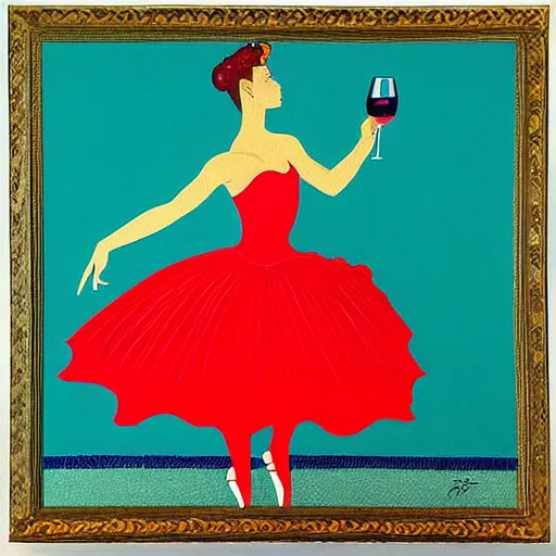 Image similar to square painting of a ballerina drinking wine in a teal room all on a red background