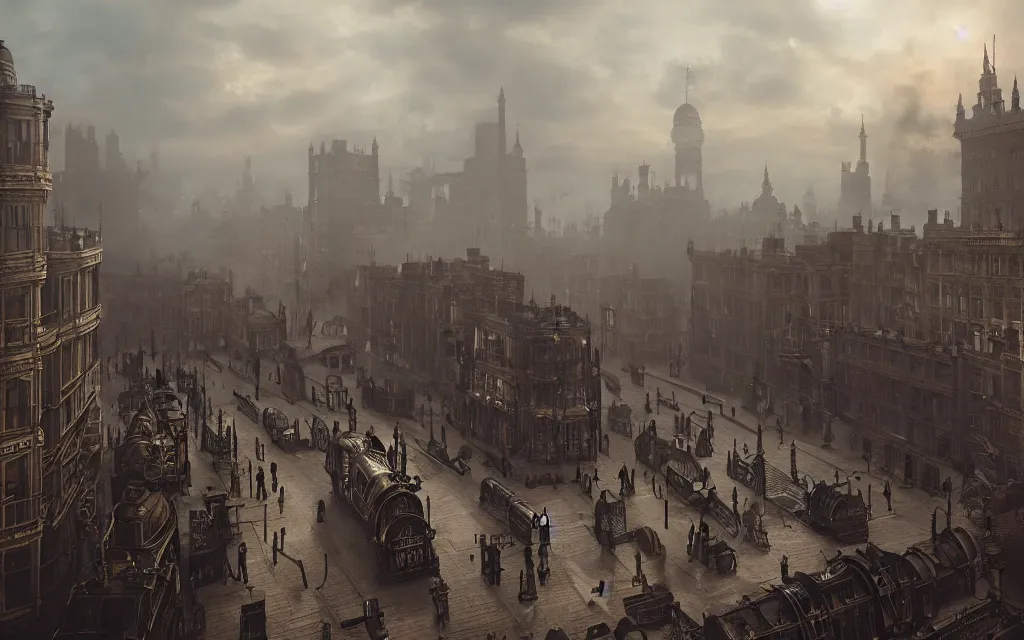 Prompt: an ultra wide angle view of 1 8 8 0 s london, steampunk, clockwork, steamy, ominous, hyperrealism, by greg rutkowski, zaha hadid, octopath traveler, final fantasy, octane render, misty, highly rendered, global illumination, radiant light