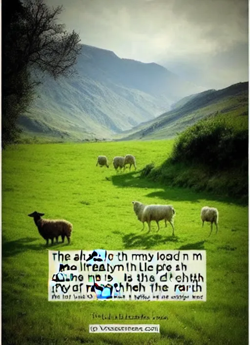 Image similar to The Lord is my shepherd; I shall not want. He maketh me to lie down in green pastures: he leadeth me beside the still waters. He restoreth my soul: he leadeth me in the paths of righteousness for his name's sake. Yea, though I walk through the valley of the shadow of death, I will fear no evil: for thou art with me; thy rod and thy staff they comfort me. Thou preparest a table before me in the presence of mine enemies: thou anointest my head with oil; my cup runneth over. Surely goodness and mercy shall follow me all the days of my life: and I will dwell in the house of the Lord for ever. edge to edge, 8k