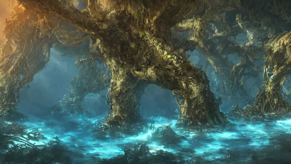 Prompt: an underwater city protected by the roots of an eve tree, fantasy artwork, very very very beautiful scenery, hd, hdr, ue5, ue6, unreal engine 5, cinematic 4k wallpaper, 8k, ultra detailed, high resolution, artstation, award winning