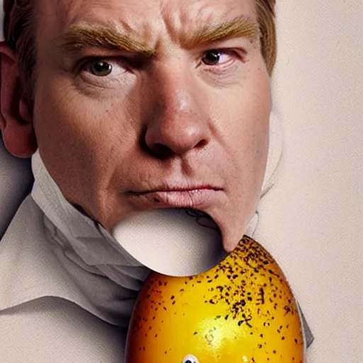 Prompt: a giant egg with the face of ewan mcgregor, food photography, eggs, cracked egg, anthropomorphic, realistic, coherent,