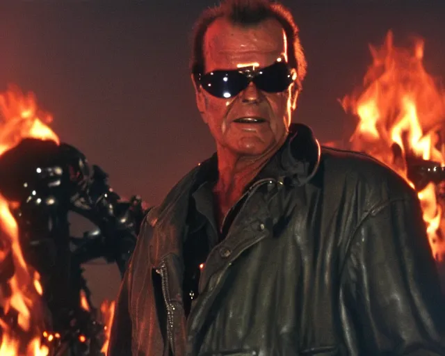 Prompt: Jack Nicholson plays Terminator wearing leather jacket and his endoskeleton is visible his eye glows red, walking out of flames