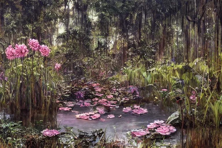 Image similar to hyperrealism, scene from louisiana swamps, starship, spring blooming flowers garden, true detective, 8 0 s japanese sci - fi books art