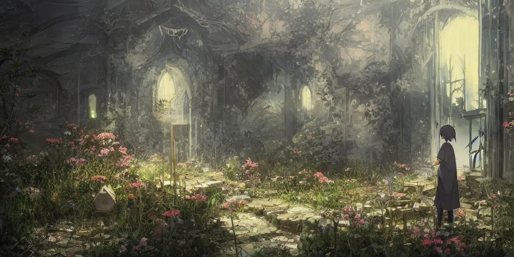 Prompt: anime kyoto animation key by greg rutkowski night, a huge broken blade in abandoned chapel with overgrown flowers and plants